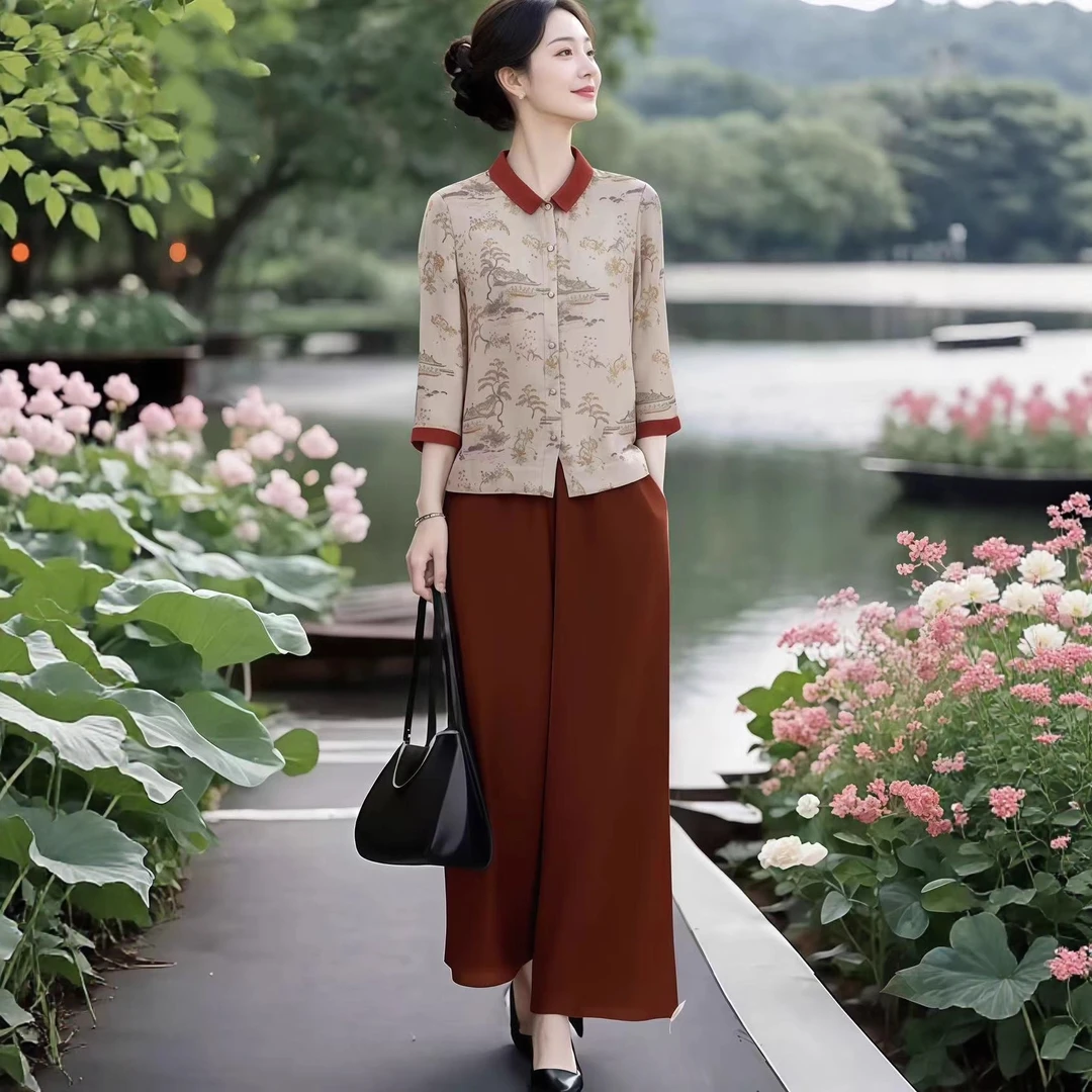 中老年妈妈装新中式国风撞色印花衬衫+松紧腰舒适九分裤套装春秋
