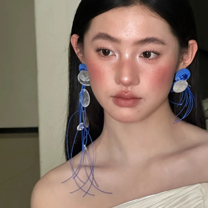 合金锦纶耳饰 H2261小众氛围感蓝色贝壳流苏耳环长款不对称耳钉