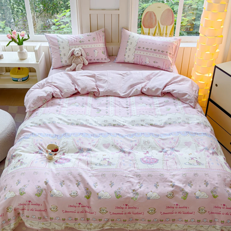 全棉四件套长绒棉ins可爱小清新简约学生印花宿舍小碎花-萌兔茶会