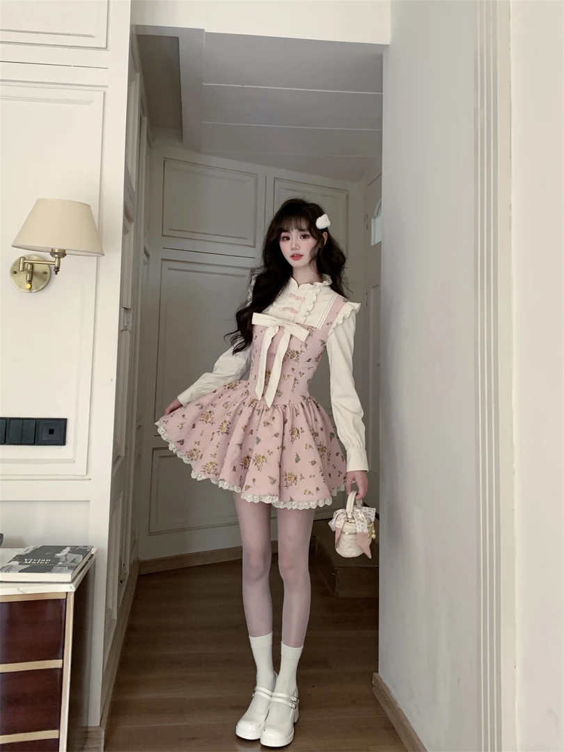 越韩小鱼 草莓芙蕾 新中式复古粉色碎花连衣裙女拼接假两件公主裙