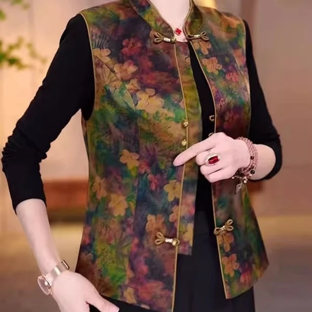 中老年妈妈定制珍珠缎马甲新中式民族风格春秋季外穿女装减龄时尚