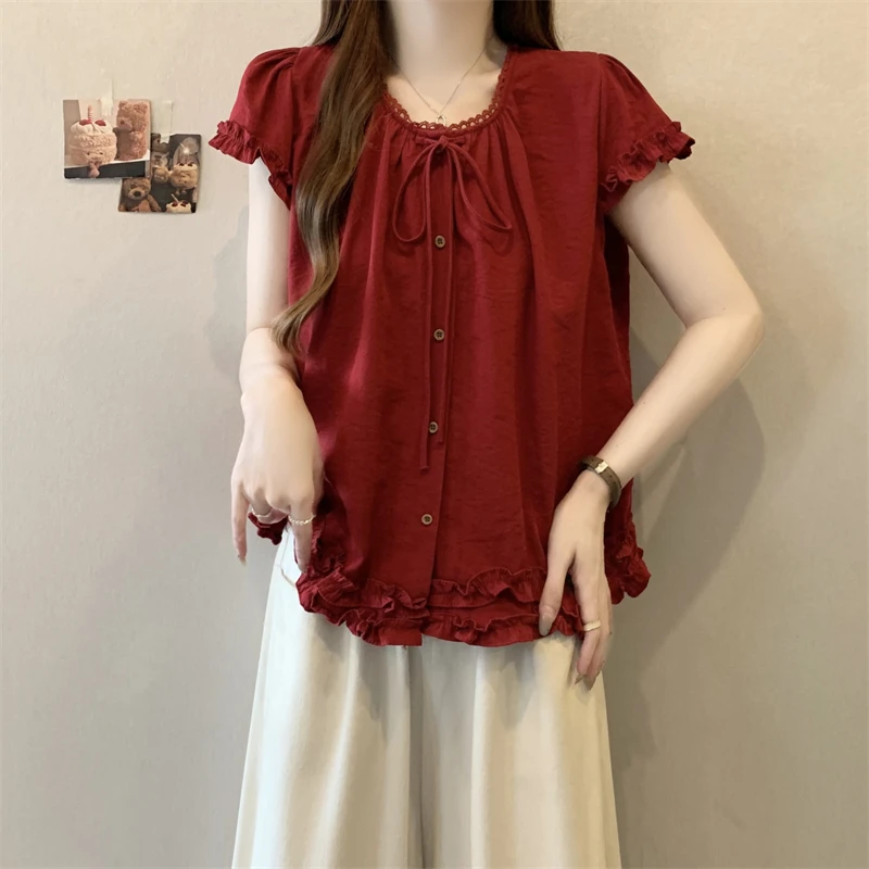 大码显瘦胖mm法式小飞袖正肩短袖衬衫女夏季遮肉木耳边娃娃衫上衣