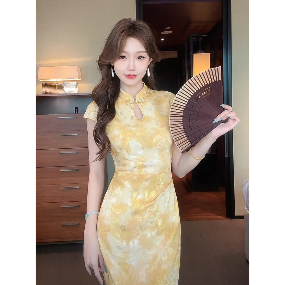 凌茜恣禾【飘愿】国风新中式剪花落日晕染清透水滴领旗袍高级感旗袍