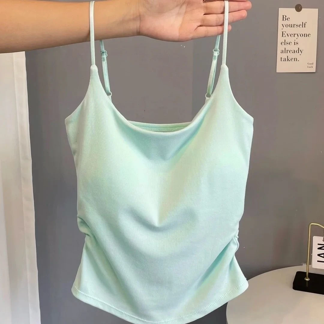 薄荷绿百搭吊带背心女带胸垫固定杯褶皱设计感内搭外穿显瘦上衣Z