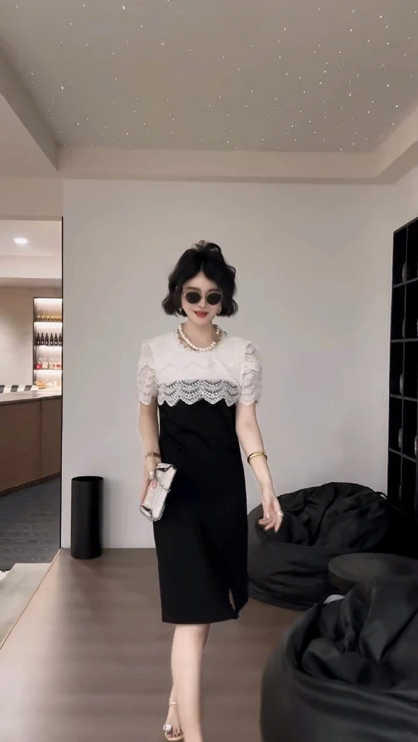 蕾丝拼接显瘦连衣裙女2025夏季新款气质开叉A字裙子