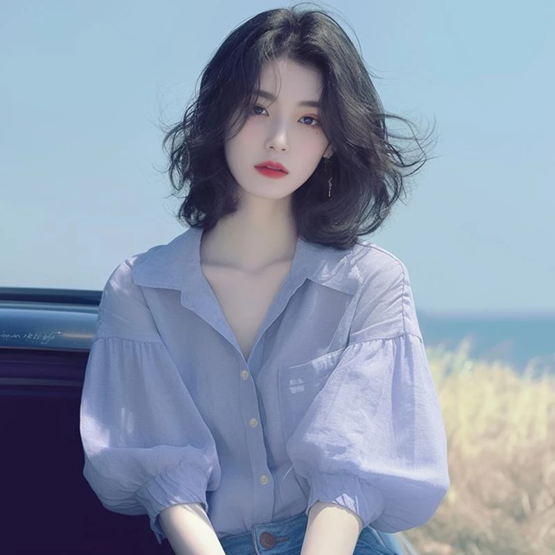 蓝色翻领灯笼袖衬衫女设计感夏季独特别致绝美超好看小衫半袖上衣