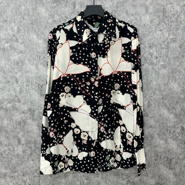 95新 Valentino/华伦天奴 华伦天奴黑白花纹真丝衬衫