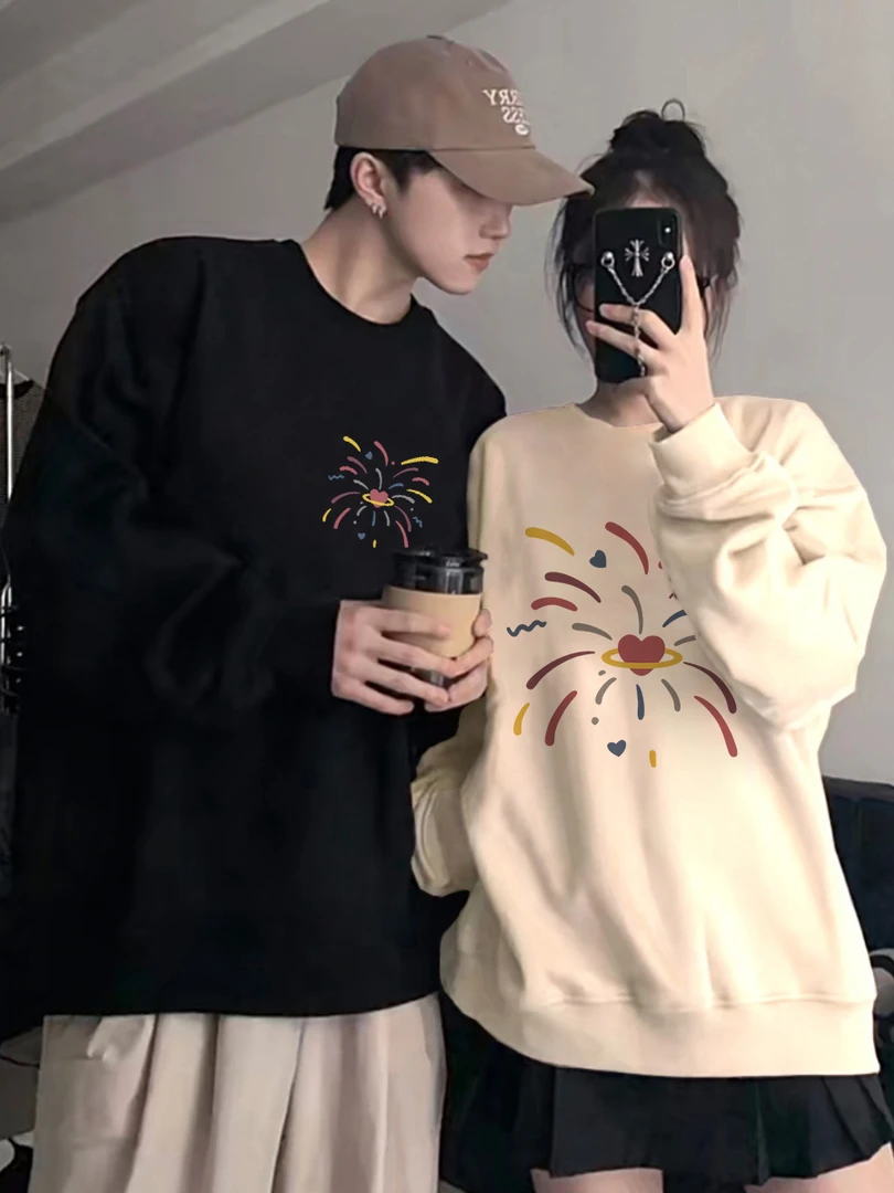 【两件装】情侣装卫衣潮流爱心印花慵懒风宽松休闲百搭加绒圆领上衣