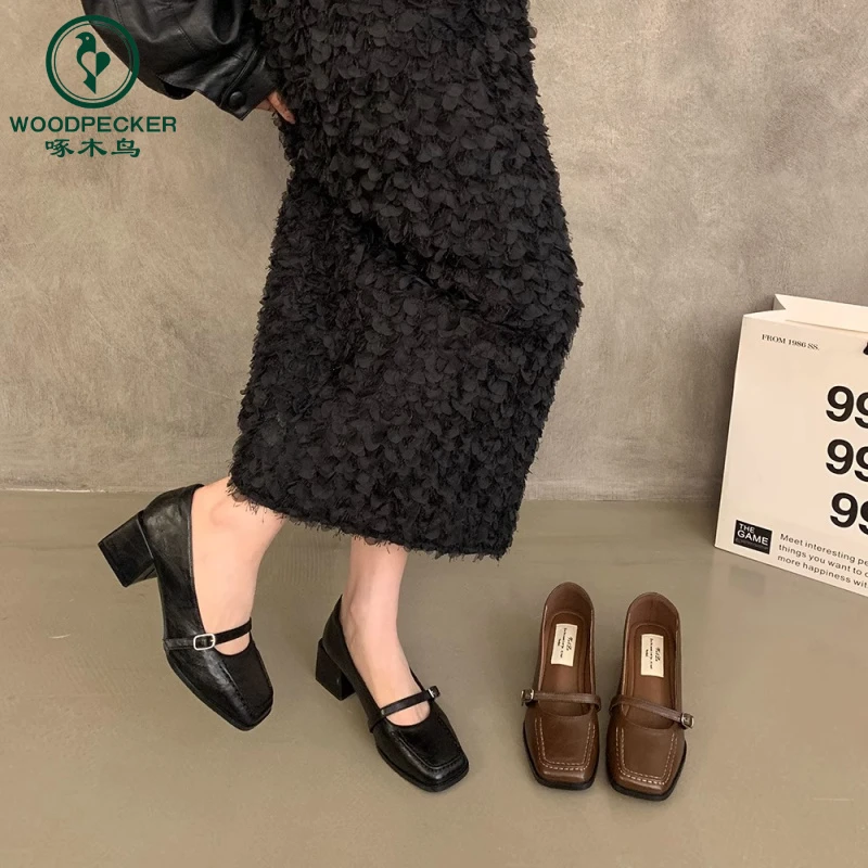 啄木鸟法式复古粗跟玛丽珍鞋小皮鞋配裙子高跟鞋设计感单鞋女鞋