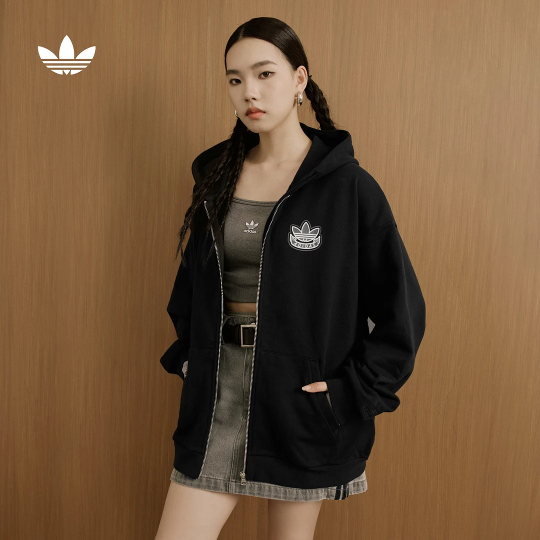 双旦礼遇阿迪达斯三叶草针织拉链连帽夹克外套男女秋季新款KG8506