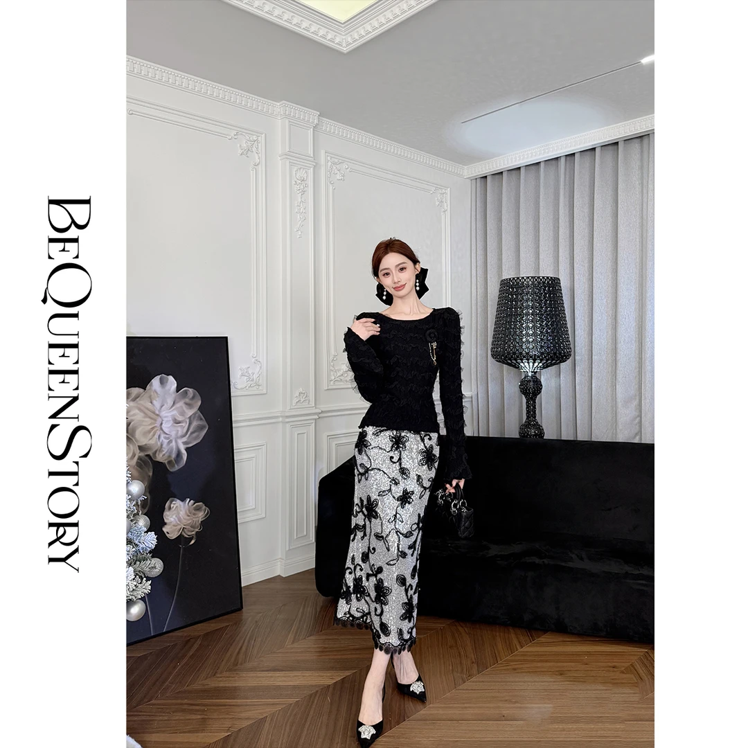 余潇潇【黑莓缪斯】2025年春装新款立体钩花蕾丝上衣&银色亮片半裙