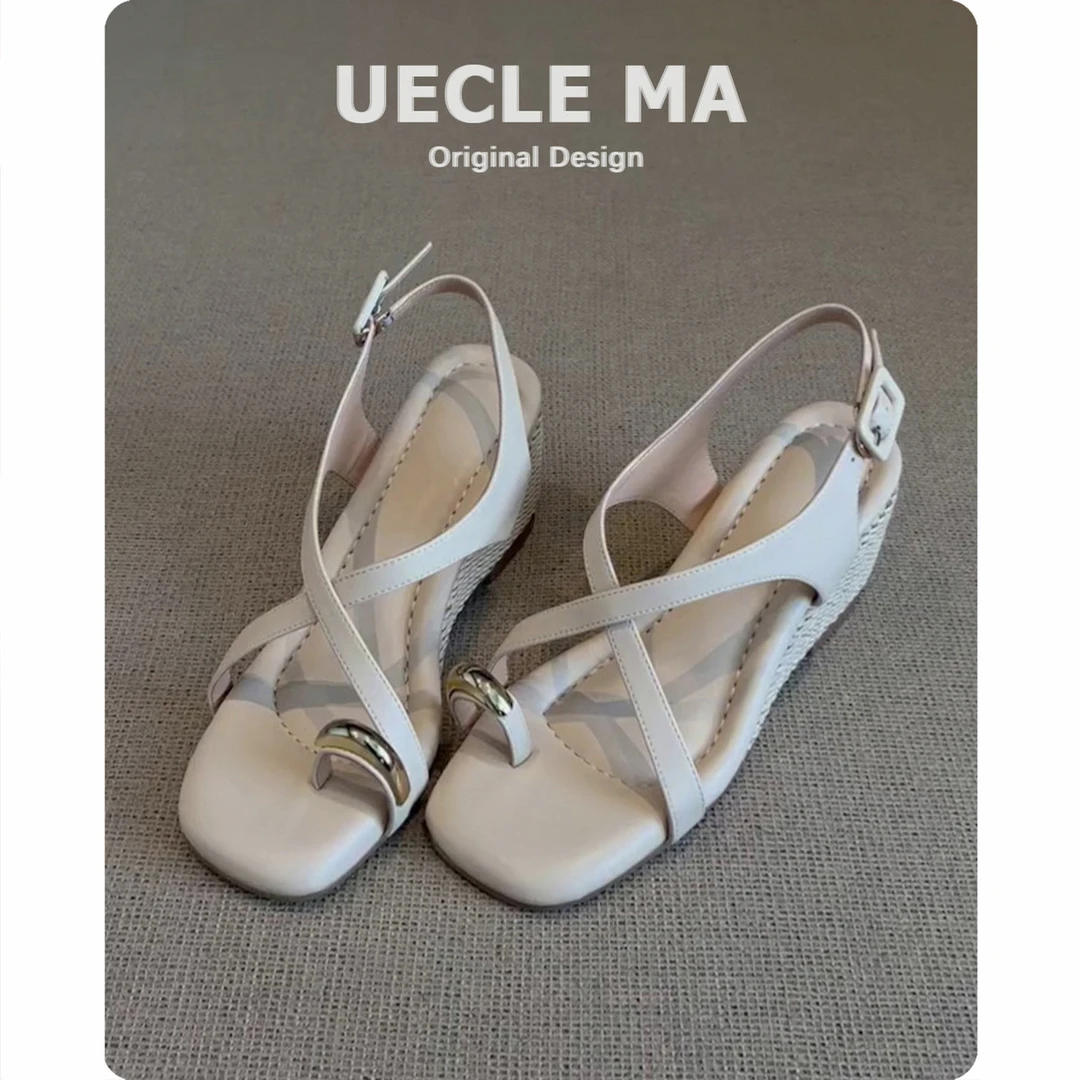 羊皮~坡跟凉鞋女外穿2025新款夏季配裙子高跟鞋绝美不累脚罗马鞋