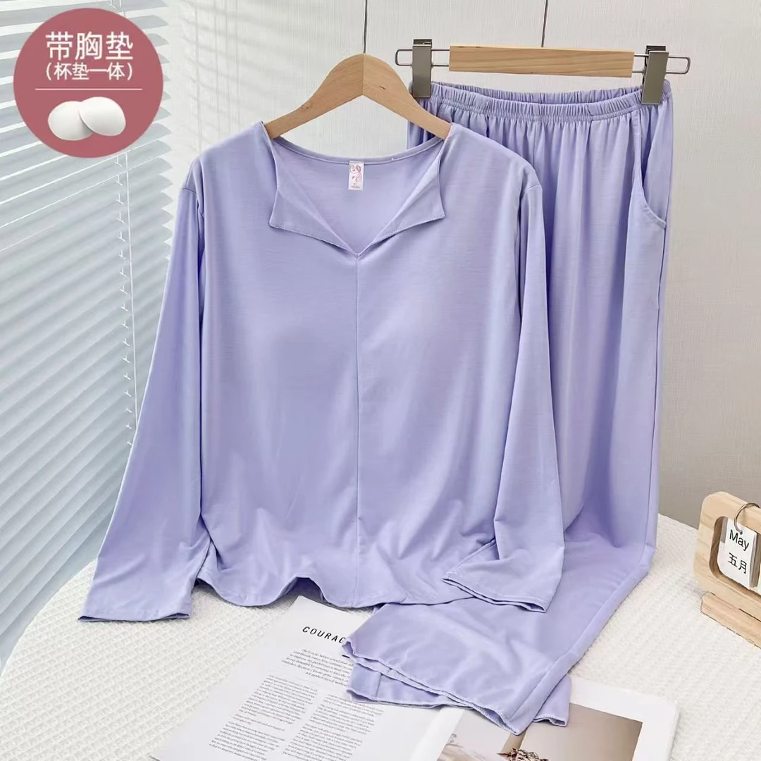666  高品质女士带胸垫睡衣长袖长裤家居服套装