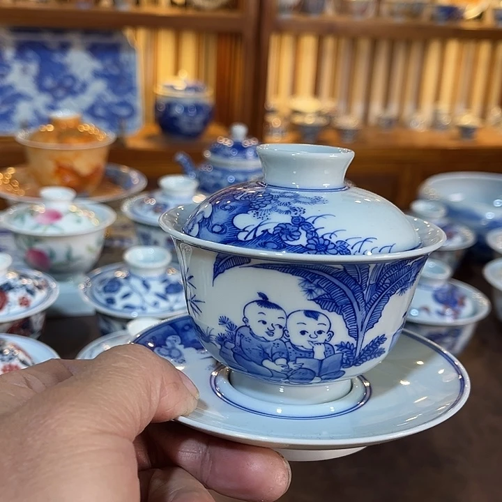 童子三才盖碗手工手绘