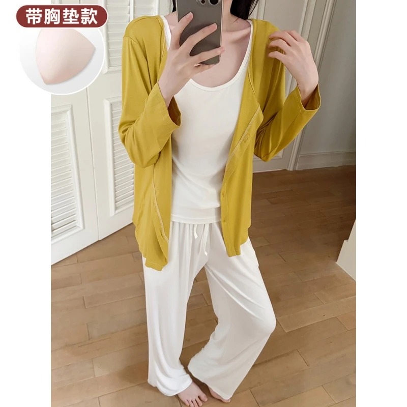 莫代尔三件套睡衣女款春秋季长袖背心带胸垫春夏纯色简约风家居服