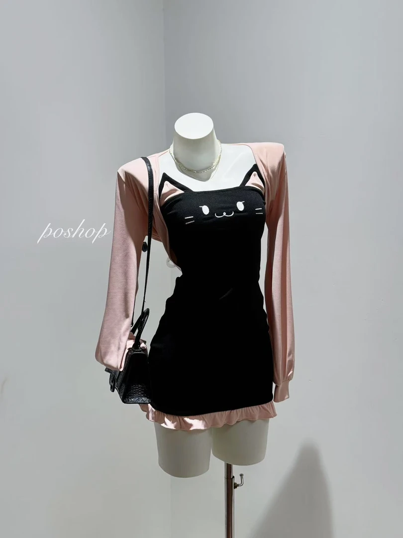 微暇款 甜辣妹猫咪刺绣包臀裙套装 显瘦百搭纯欲