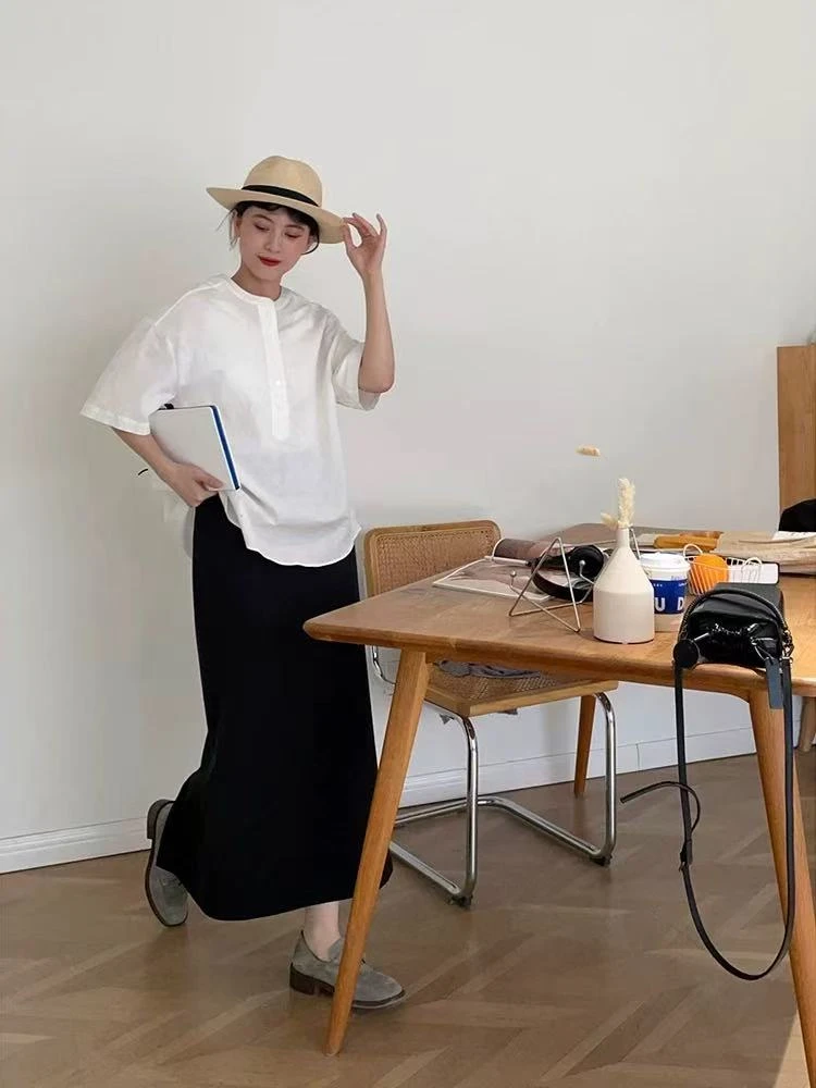 1499 GZN2简约圆领短袖衬衫女2024新款夏季棉麻宽松上衣