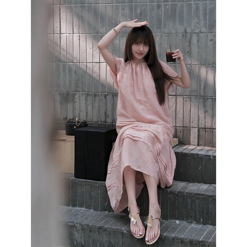 2025新款女士夏季法式气质宽松减龄短袖度假风长裙慵懒圆领长裙