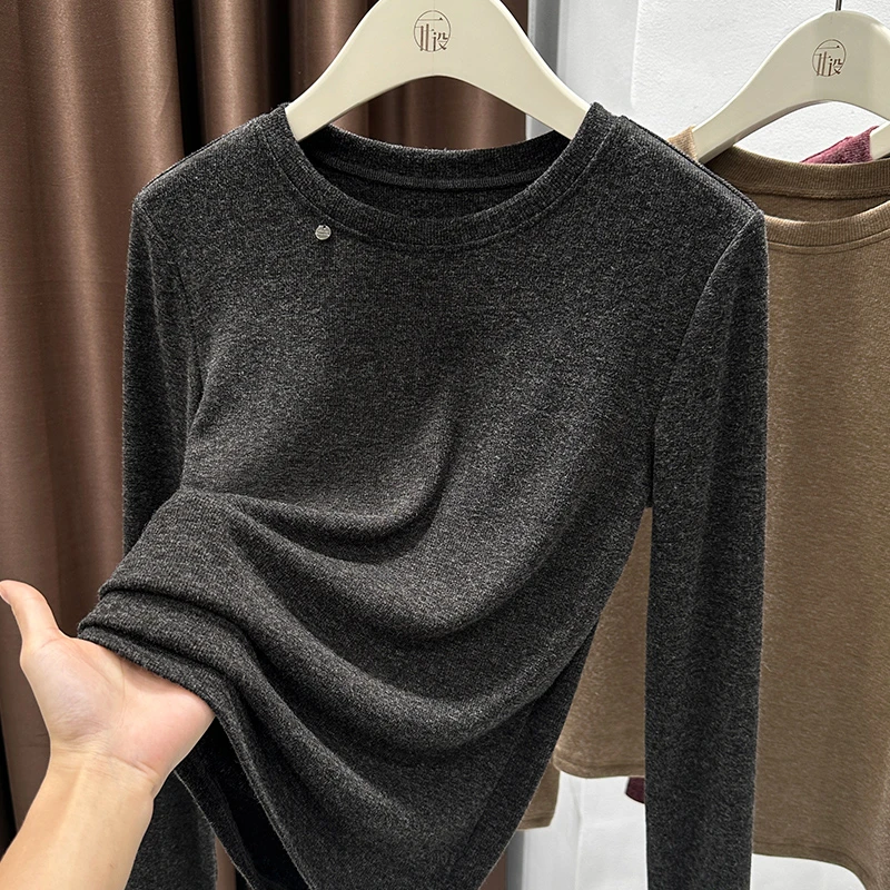 灰色小圆领极简风长袖上衣女秋季新款通勤百搭针织打底衫T恤内搭