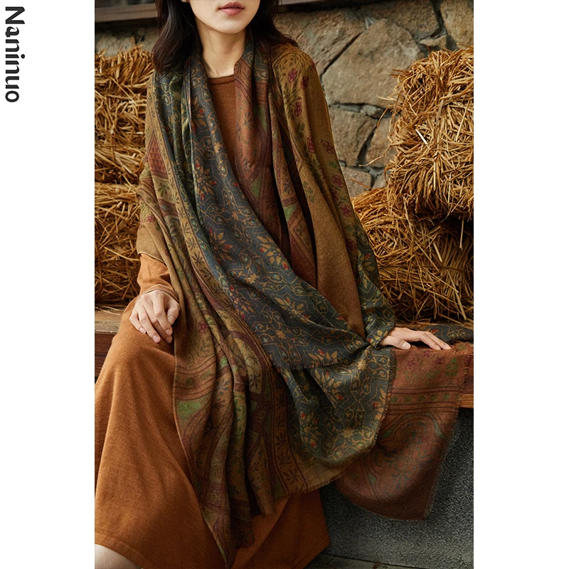 Naninuo/纳尼诺<知心>200支精纺羊绒围巾 复古印花软糯NKWJ24170