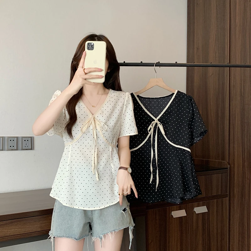 【L定制-波点点】胖mm大码女法式波点v领蝴蝶结别致短袖小衫21635