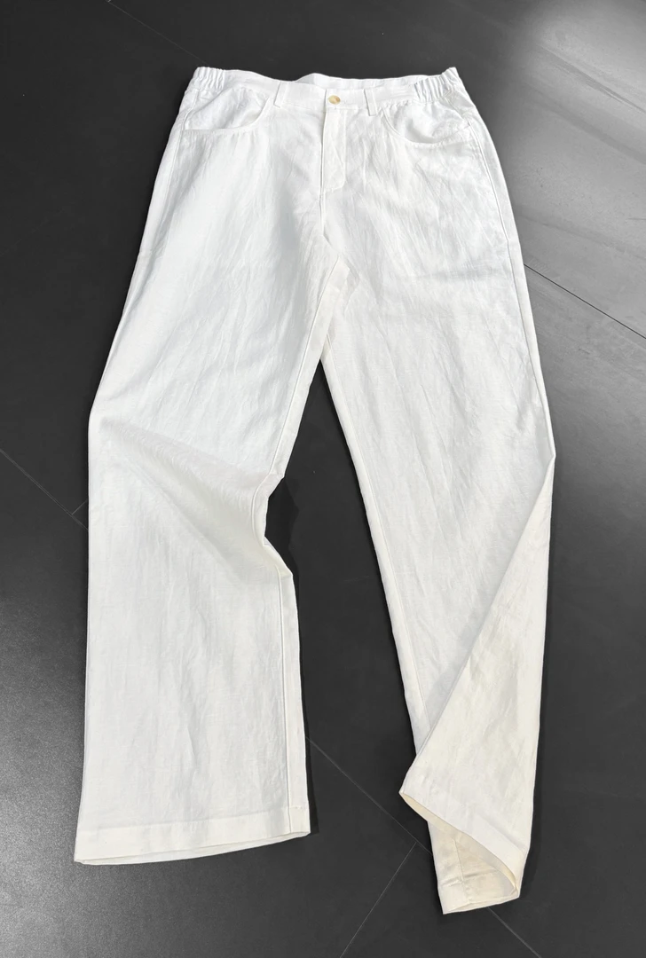 棉麻夏季白色直筒休闲长裤