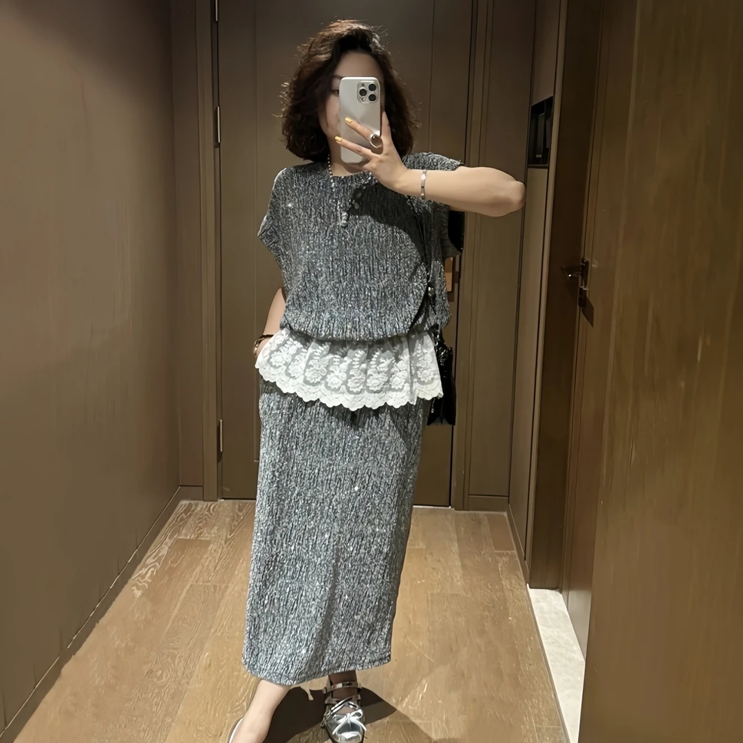 时髦洋气高级套装2025夏季大码胖MM蕾丝拼接T恤+女士半身裙两件套