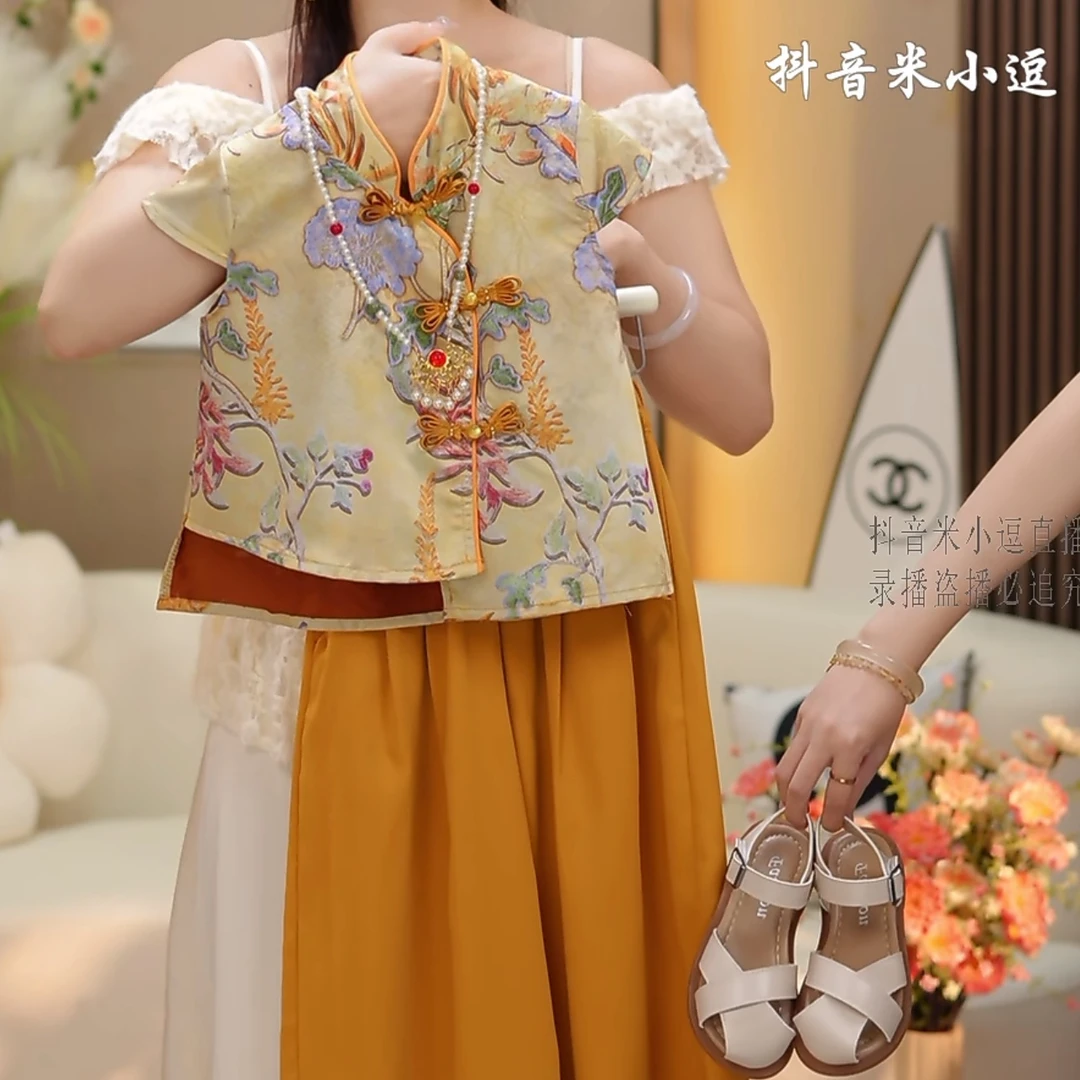 米小逗新款2025女童薄款新中式夏季中国风时髦无袖长裤套装k085