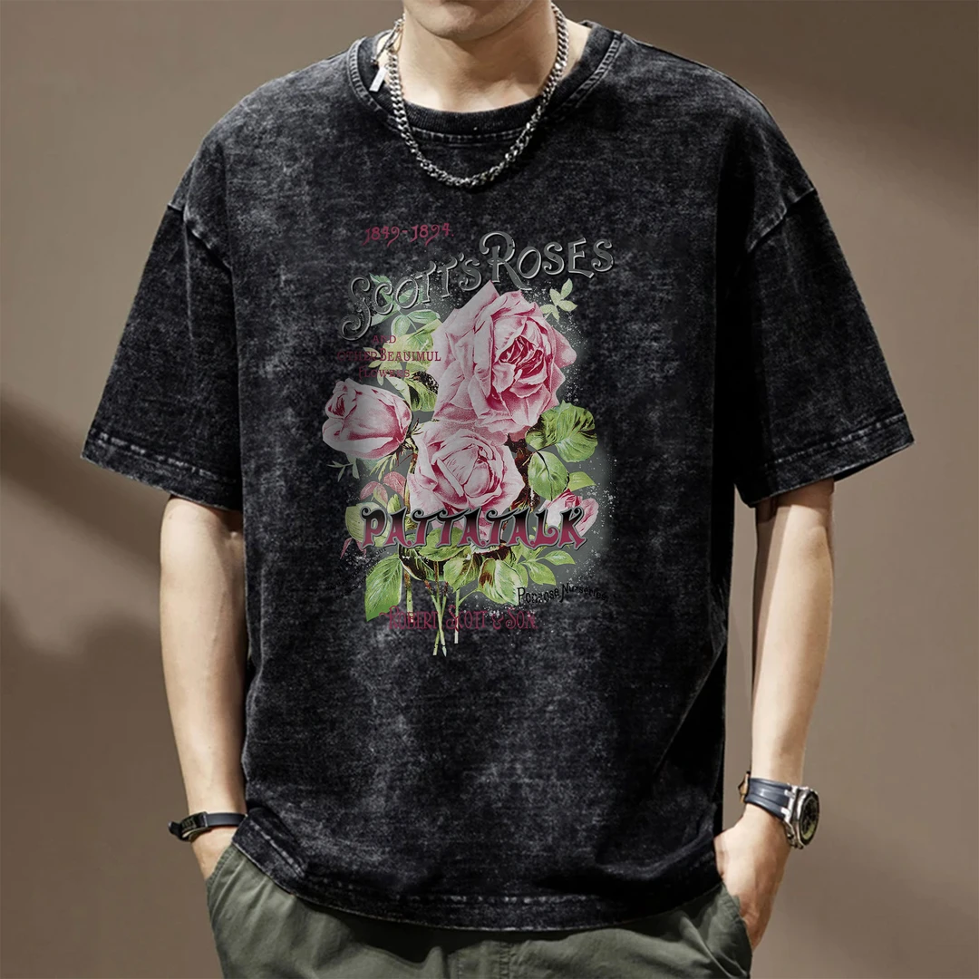 宽松夏季男装短袖t恤休闲潮牌水洗做旧男士印花黑色通勤圆领男款