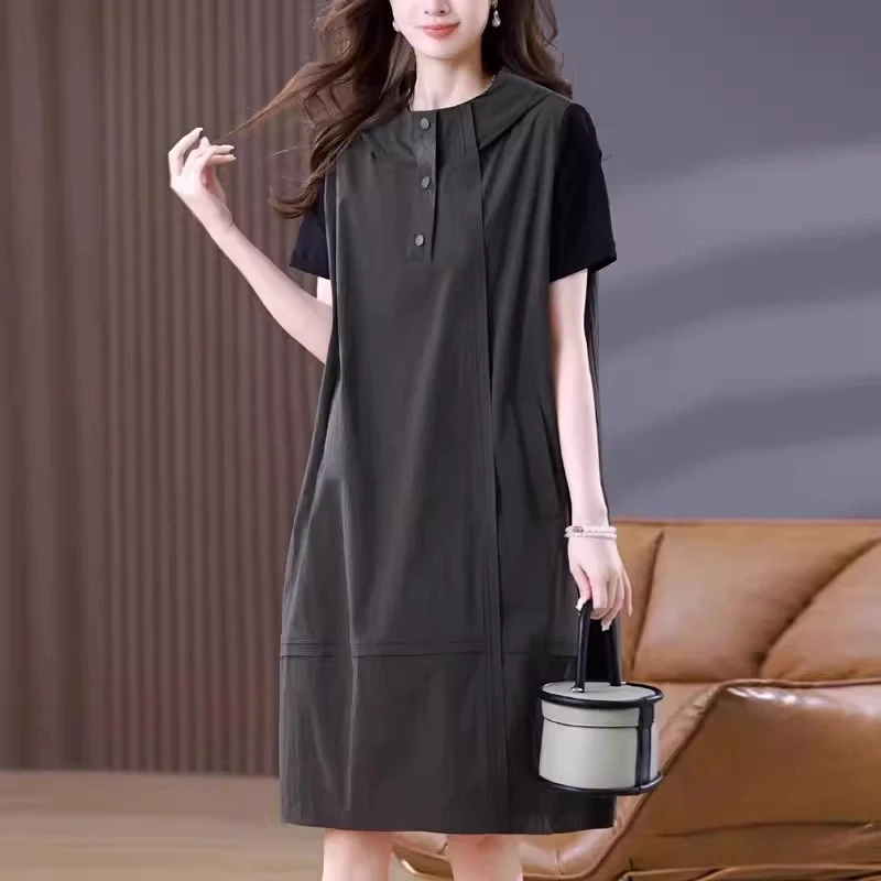 工装连帽连衣裙女2025夏季新款大码休闲宽松遮肚子显瘦中长款裙子