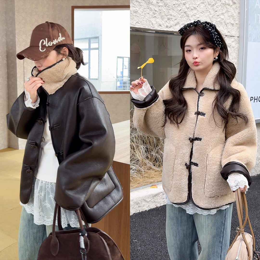 应小姐【冬野原】微胖大码显瘦设计气质保暖加厚宽松PU皮毛一体外套