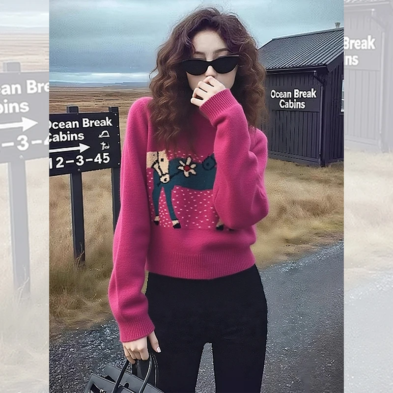 别致独特漂亮粉色小衫内搭卡通提花毛衣女秋冬洋气高贵针织衫上衣