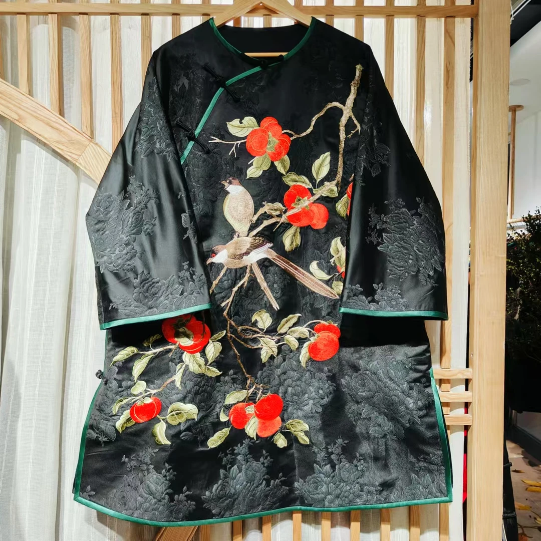 凤徕兮私人定制黑底柿柿如意喜鹊刺绣斜襟盘扣太太服（LS518-1）