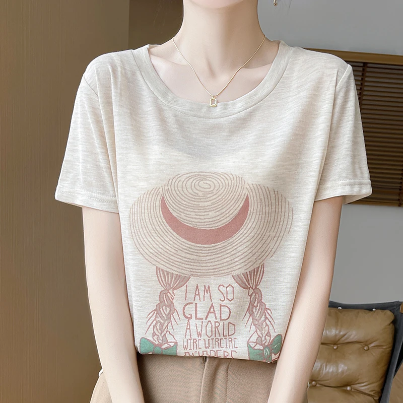 时尚品牌女装夏季新款印花草帽女孩圆领洋气薄款针织短袖T恤女
