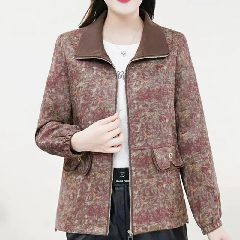 2025新款秋冬季中老年女装复古碎花长袖翻领外套妈妈装夹克休闲