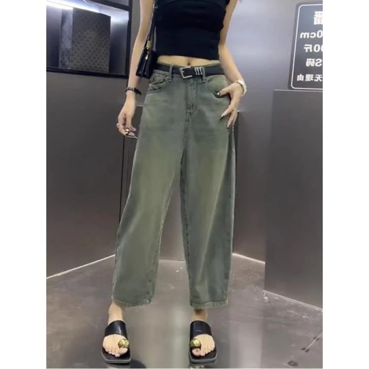 梨形身材窄版阔腿牛仔裤女大码胖mm高腰宽松显瘦弯刀香蕉九分裤子