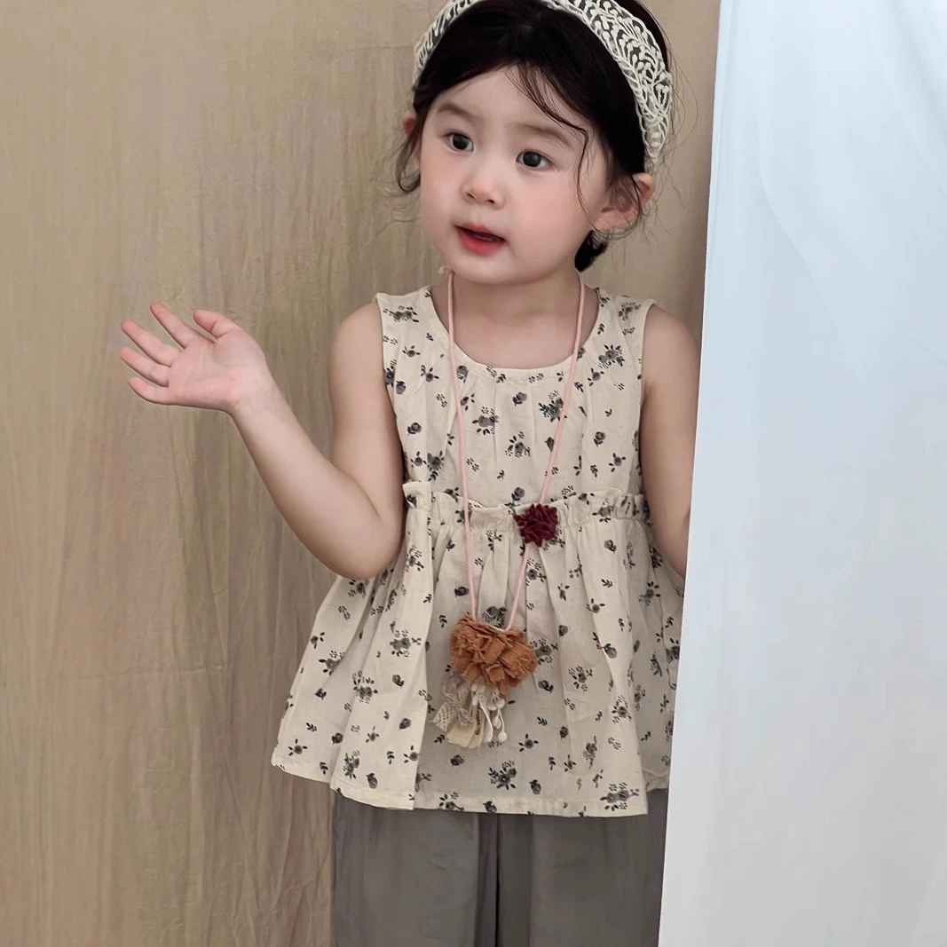 麦田季2025夏季新品韩系女童碎花无袖衬衫无袖娃娃衫女宝上衣