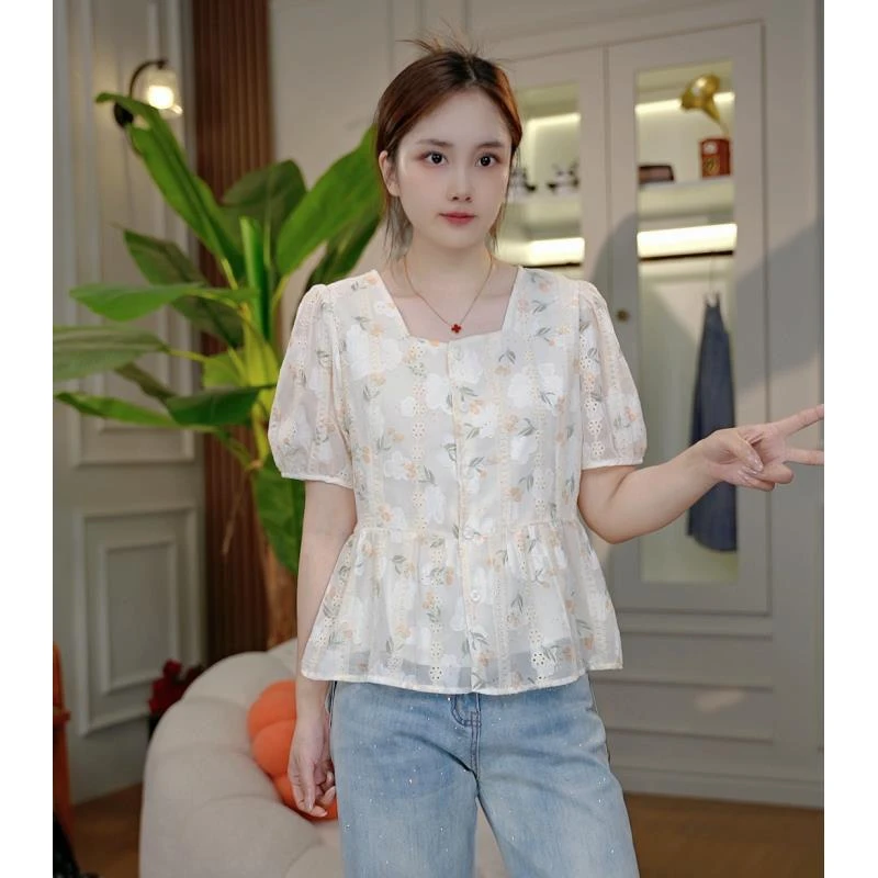 （晶晶）夏季新款方领碎花小衫显瘦甜美小上衣2931