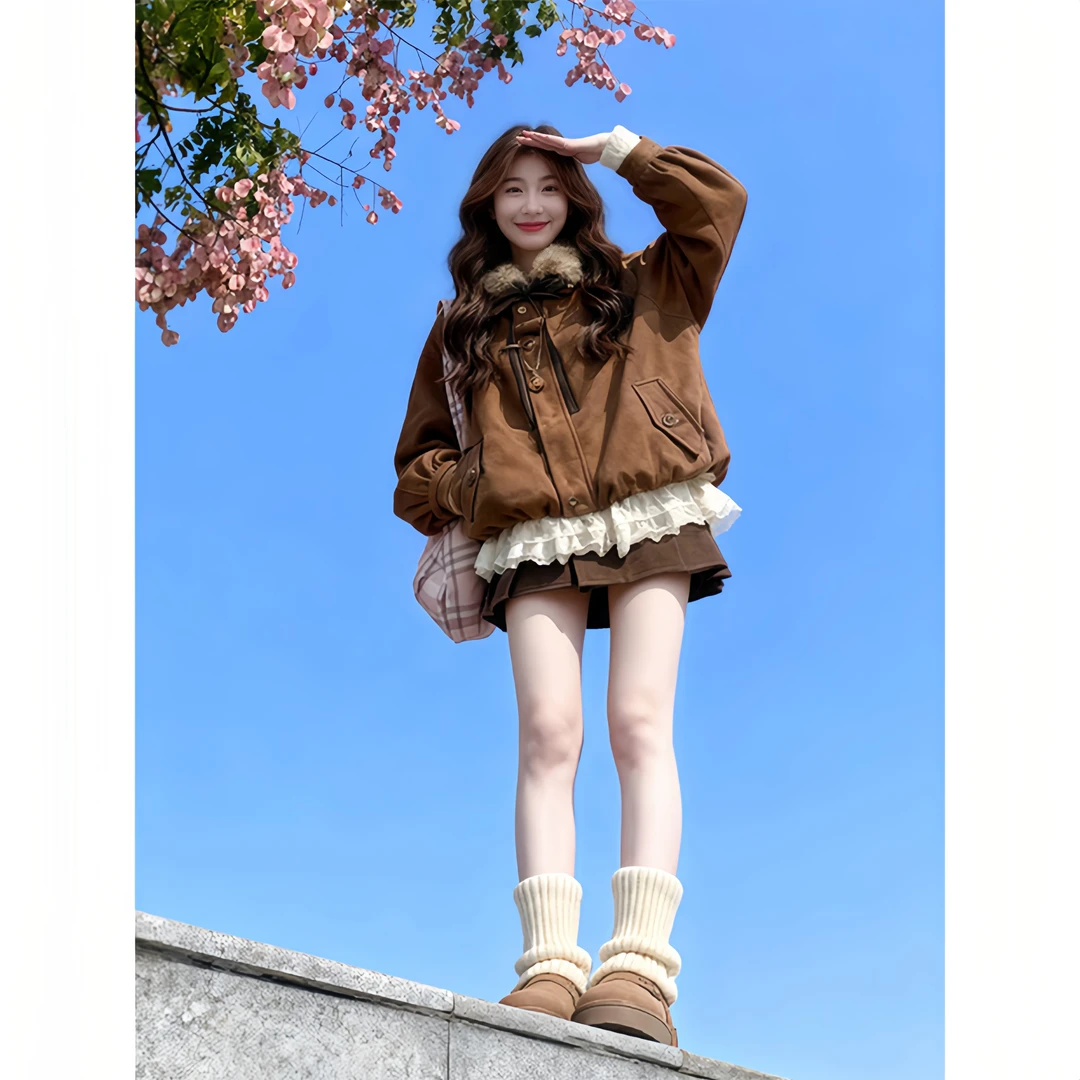 【艺术旅途】2025秋冬季新款蕾丝上衣女士复古外套高腰短裙时尚套装