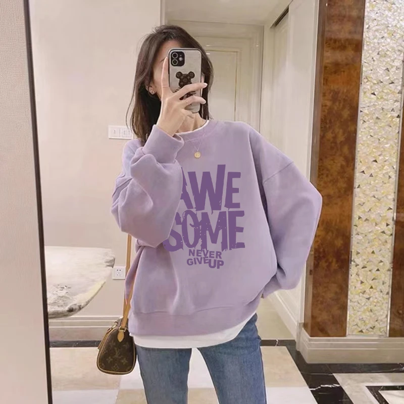 假两件圆领卫衣女2025新款秋冬宽松外套加绒加厚拼接上衣春秋薄款