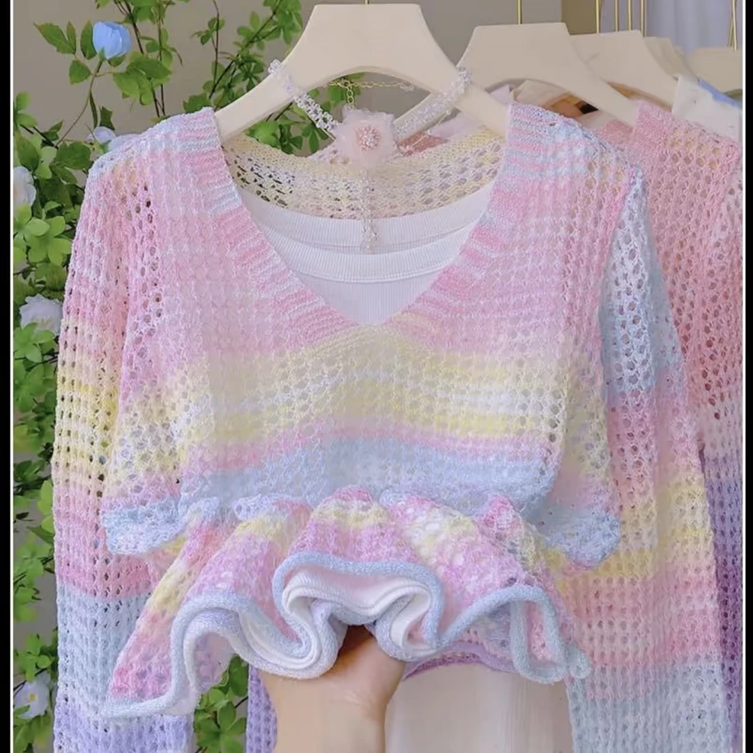 V领彩虹条纹镂空套头时尚针织上衣夏季防晒罩衫空调衫