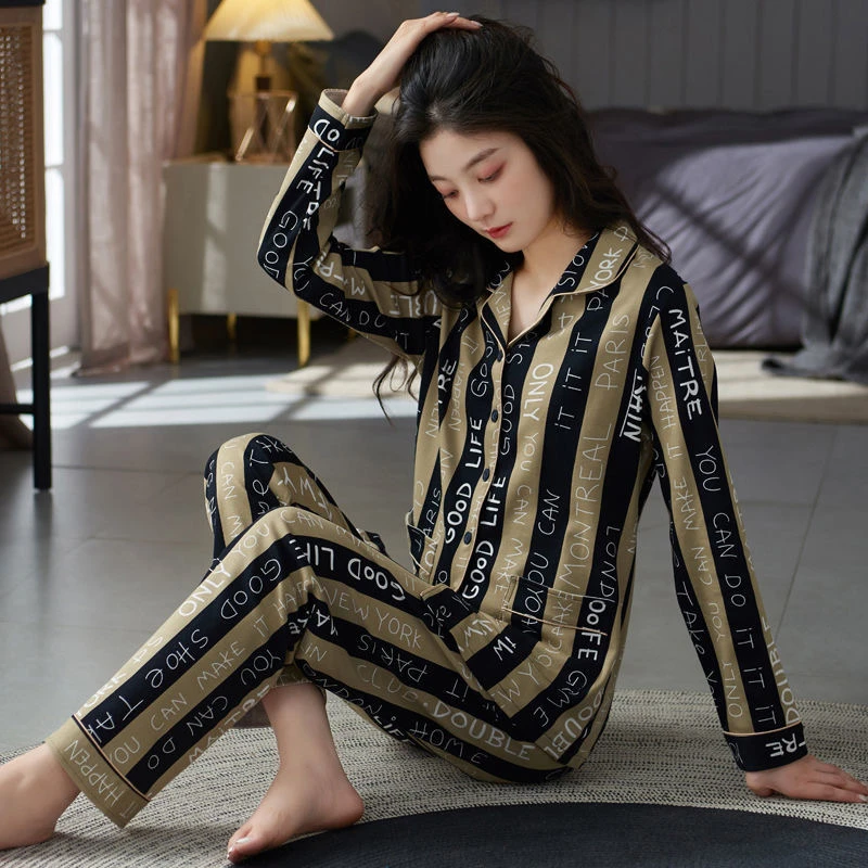 高级感春秋新款睡衣女2025年秋冬条纹长袖开衫翻领休闲家居服套装