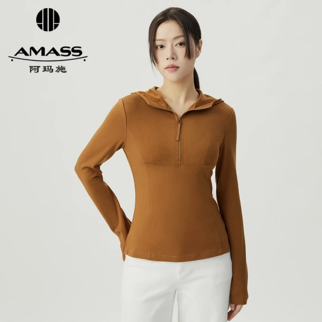 阿玛施AMASS新款女装通勤简约休闲修身长袖保暖纱连帽卫衣5301062