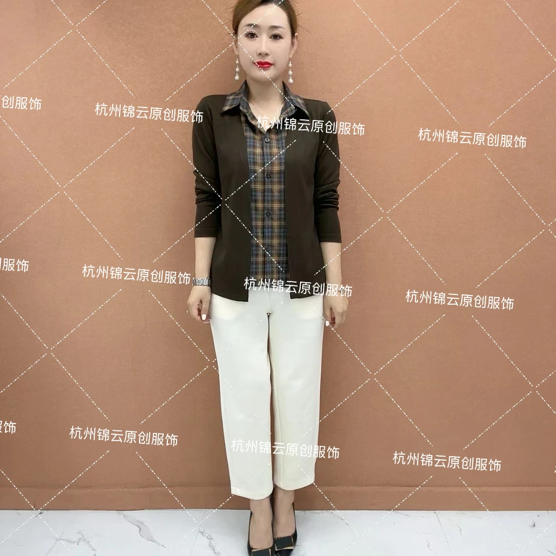 时尚显瘦假两件妈妈装秋季减龄拼接女款长袖衬衫