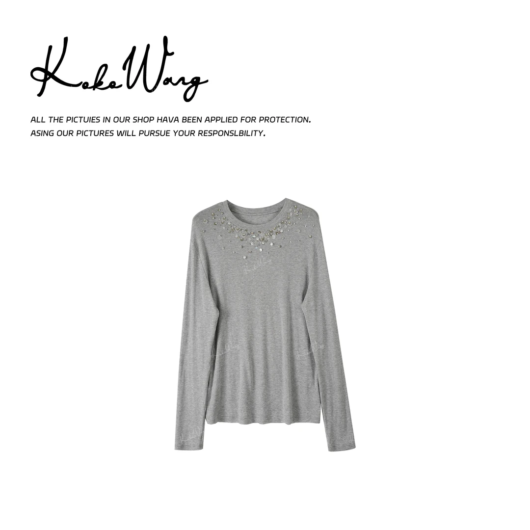 KOKO WANG秋冬莱赛尔羊毛混纺手工钉珠长袖打底衫N2445K24T41