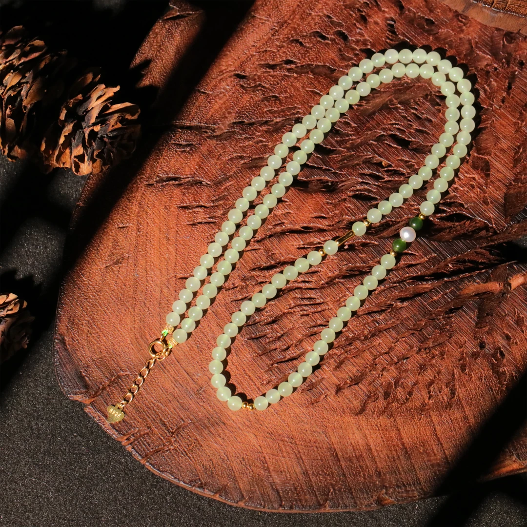 【泓贝珠宝-M114】925银配饰和田玉翠青设计款美人链项链