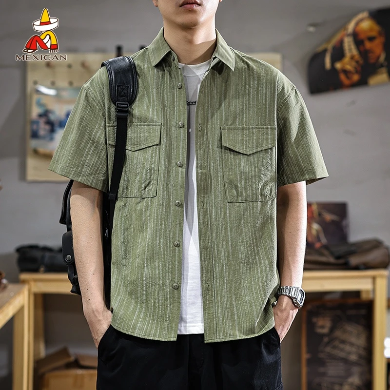 Mexican/稻草人夏季休闲短袖男款衬衫美式高级感运动速干半袖衬衣