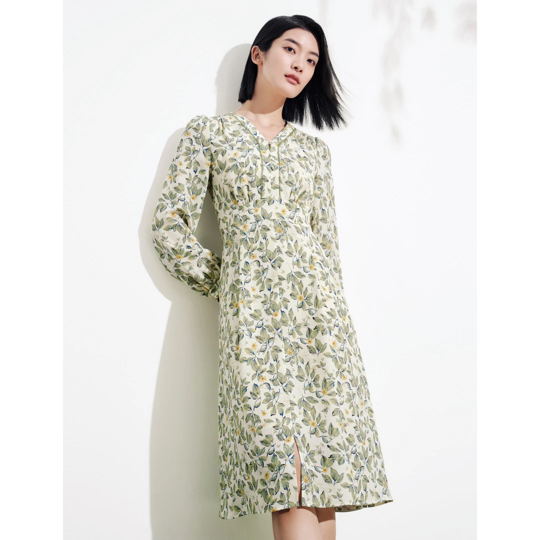 【CC专属】含桑蚕丝气质优雅V领高级感印花连衣裙女