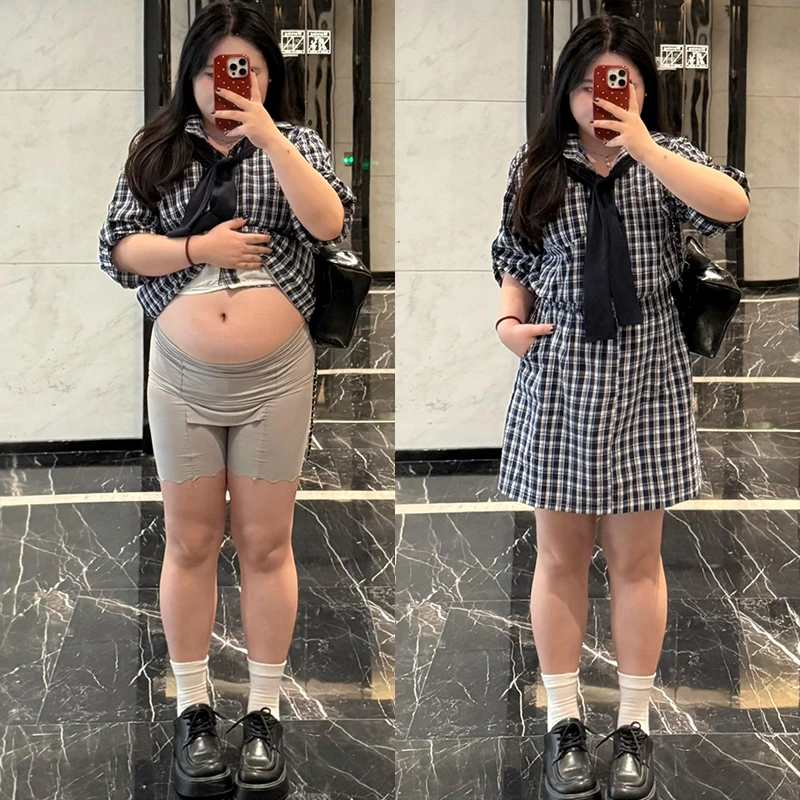 大码胖MM假两件披肩格子polo领衬衫连衣裙女夏2025新款气质短裙子