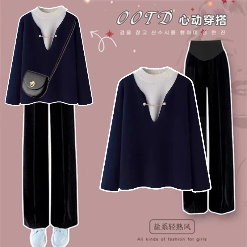 通勤简约秋装小个子轻熟风毛针织衫冬季中长款拼接孕妇装洋气